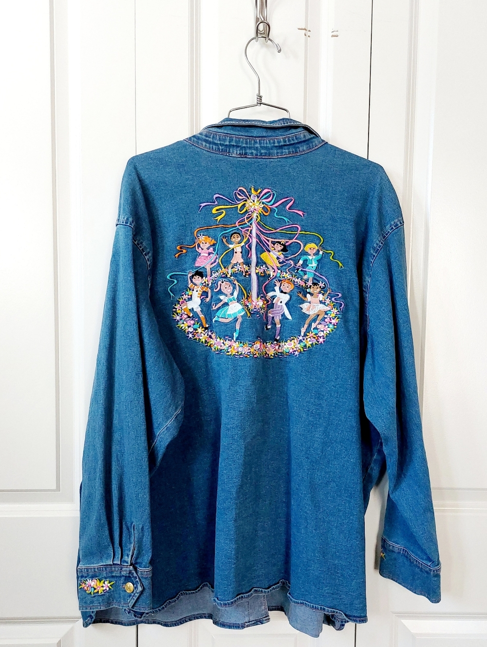 Maypole Spring Floral Embroidered Denim/Chambray Shirt 3X Bob Mackie May Day - Picture 3 of 7